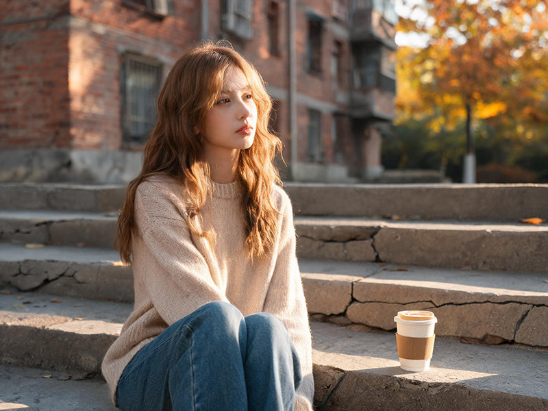A warm autumn morning in Brooklyn, an iced coffee cup on a cracked cement step, a phone facedown, soft sunlight, brick apartment building in the background.