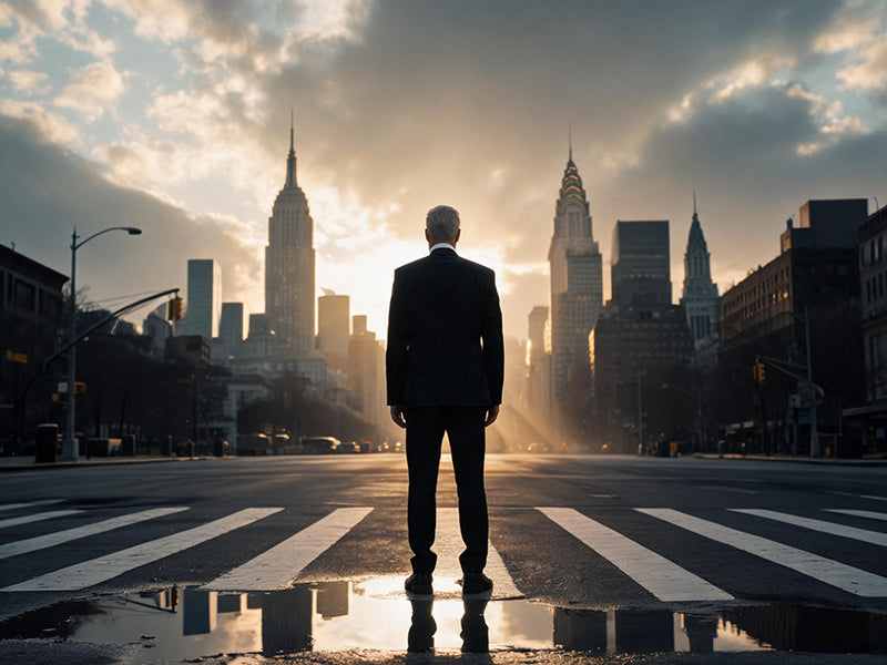 A man in a suit stands at a city crossroads at dawn, golden sunlight breaking through clouds, reflecting on wet pavement, evoking solitude and resilience