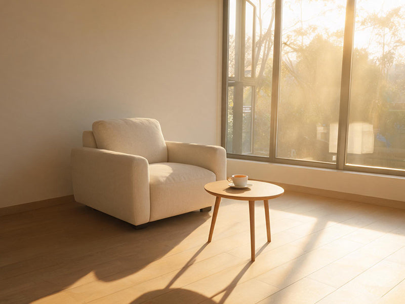 Empty armchair by a window with long afternoon shadows