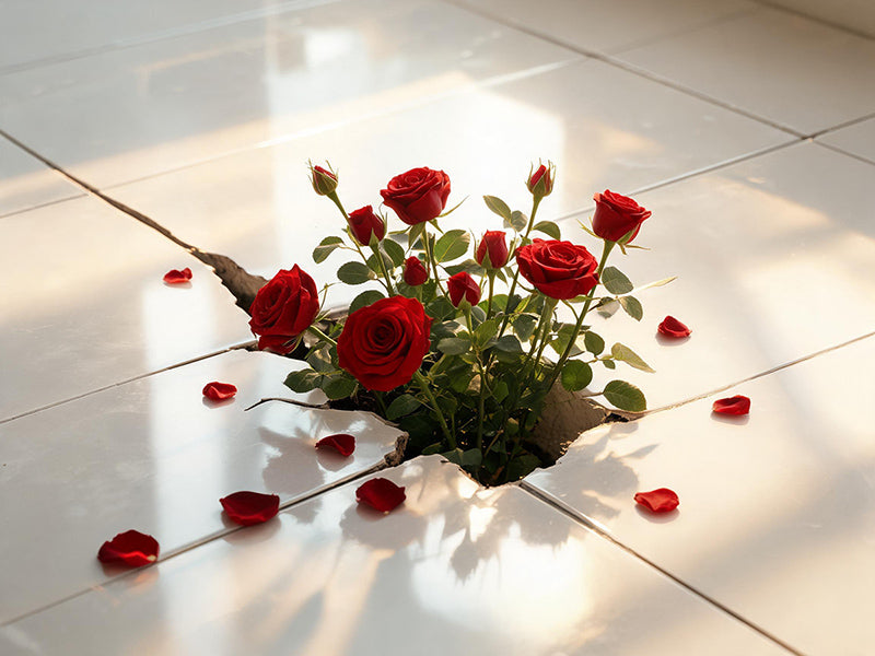 A cluster of vibrant red roses breaking through a crack in a sterile white tiled floor, symbolizing love as a totem of reality in a simulated world.