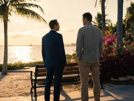 Two middle-aged men by a beach bench at Miami sunset, long shadows on sand