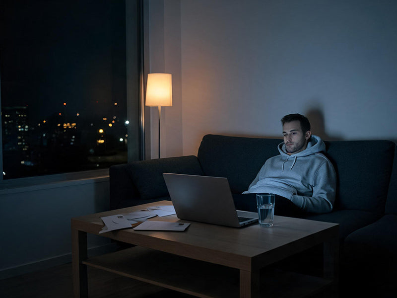 A dimly lit apartment at night, a figure sunk into a couch facing a laptop screen, the glow casting soft blue light across a coffee table, capturing the quiet exhaustion of being too drained to speak
