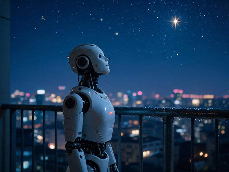 A white robot on a night balcony, looking at the stars, with a faint warm glow in its chest.