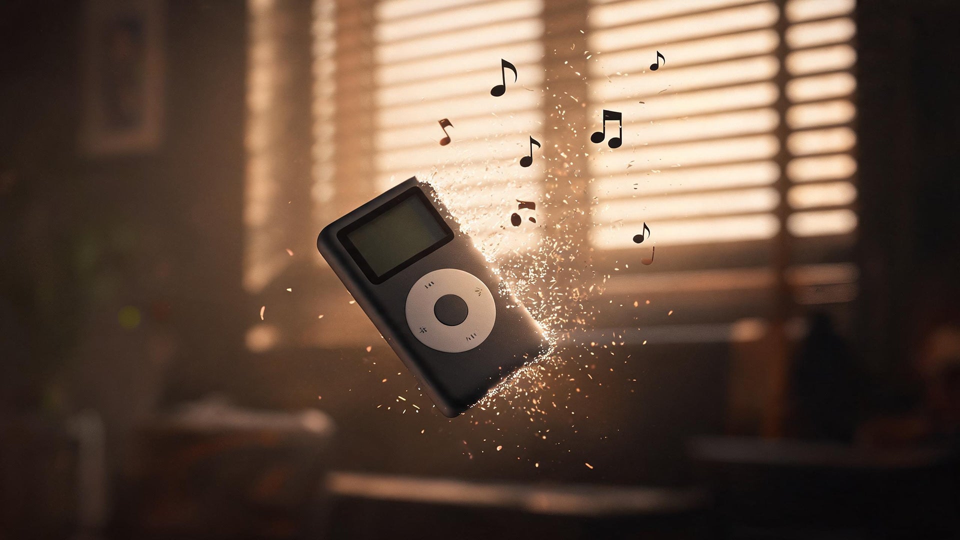Old iPod dissolves into musical light, flowing to modern player. iPod & iTunes Music Guide.