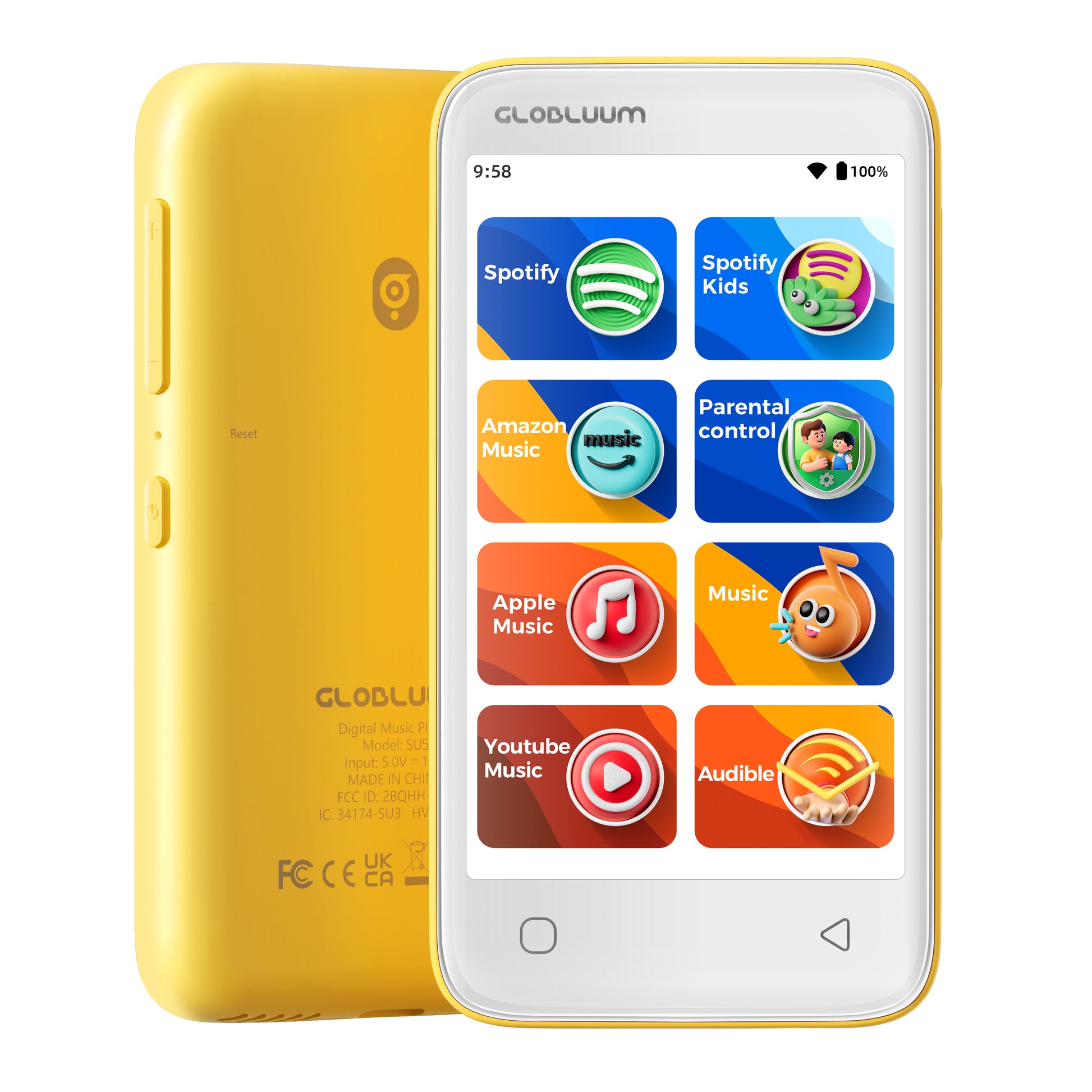 SU5-bluetooth-mp3-music-player-spotify-youtubemusic-audible-yellow-globluum